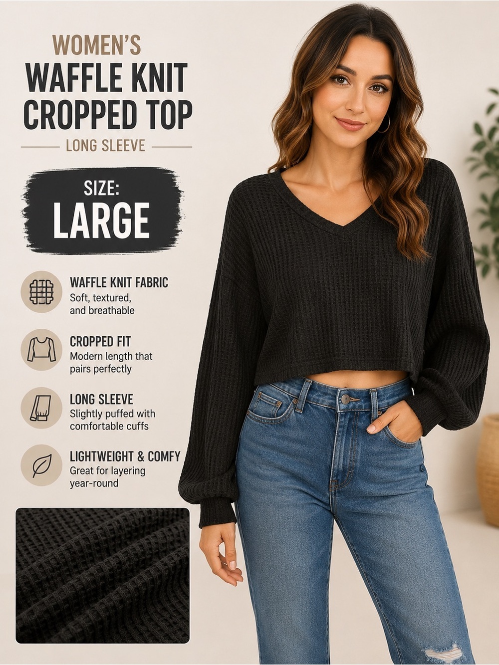 Black cropped V-Neck Long Sleeve Women’s Top LARGE
Pit 19”
Length 20”